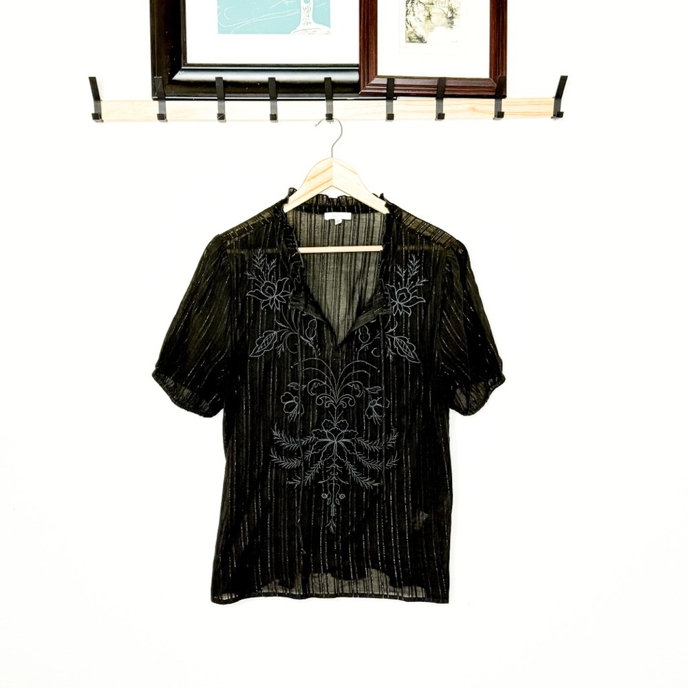 Calme by Johnny Was Black Embroidered Blouse Size M | Metallic Stripe Sheer Boho